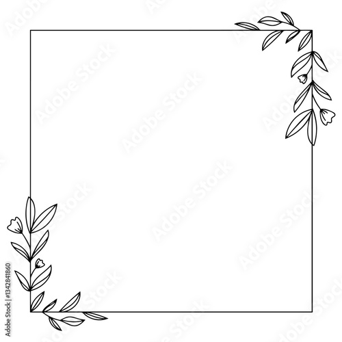Square Frame with a Simple Plant Ornament for Text or Photos, Featuring Small Twigs with Leaves and Flowers in the Corners, Elegant Design for Decorating Photos or Messages, Decorative Border. 