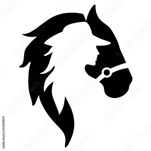 Horse's Head and Profile of Person in Hat, Horse's Mane Blending into Hair, Illusion of Double Image, Stable, Horse Racing, Equestrian Sports. equestrian, animal, rider, sport, jockey, racing sport