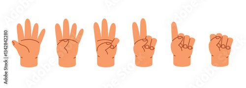Hand gesturing counting fingers, countdown score. Cartoon style vector illustration isolated on white background