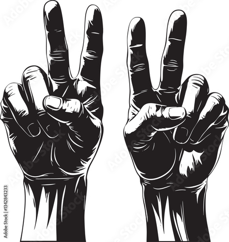 Vector Outline of Two Hands Showing Peace Sign