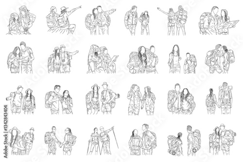 A collection of line art illustrations depicting diverse couples and individuals on hiking trips.