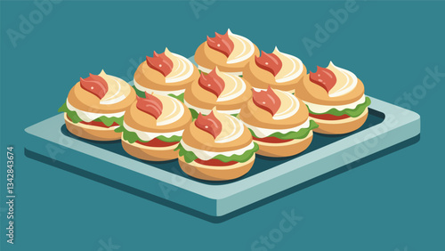 A tray of decadent mini sandwiches boasting layers of rich truffle mayo tender prosciutto and creamy mozzarella for a mouthwatering indulgence.. Vector illustration