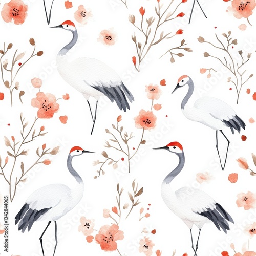 Hand-Painted Watercolor Seamless Pattern with Cranes and Flowers