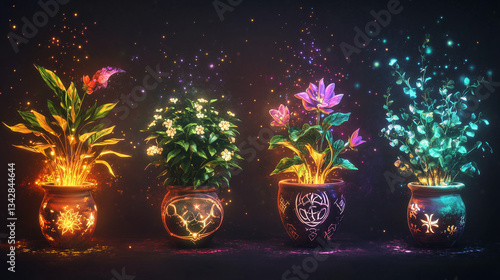 Happy potted plants glowing with magical light on dark background