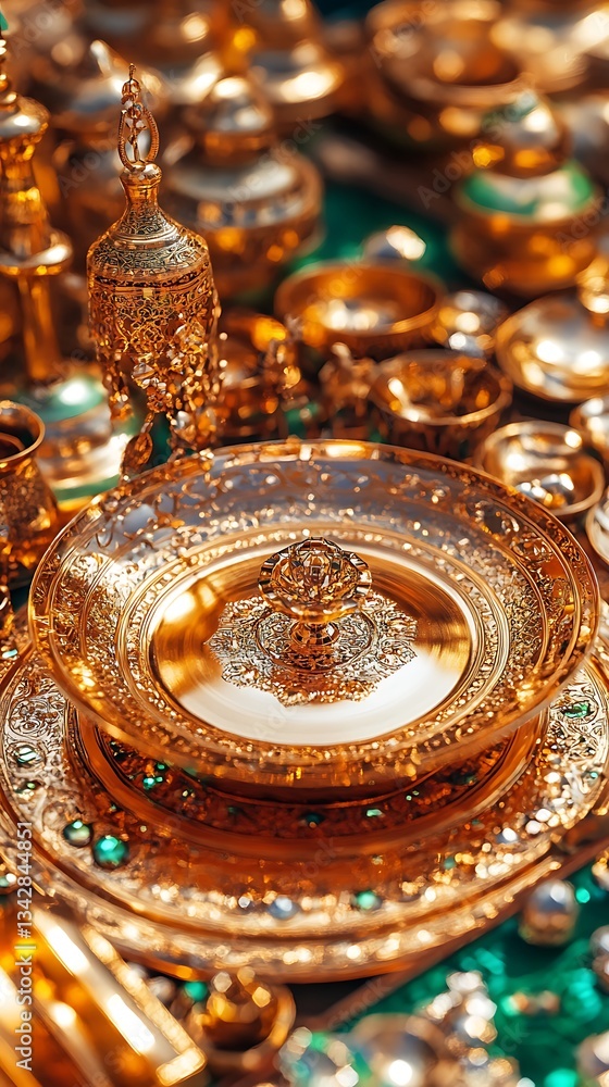 Ornate gold tableware set on display for sale in a souk, for luxury products Ornate gold tableware set on display for sale in a souk, for luxury products