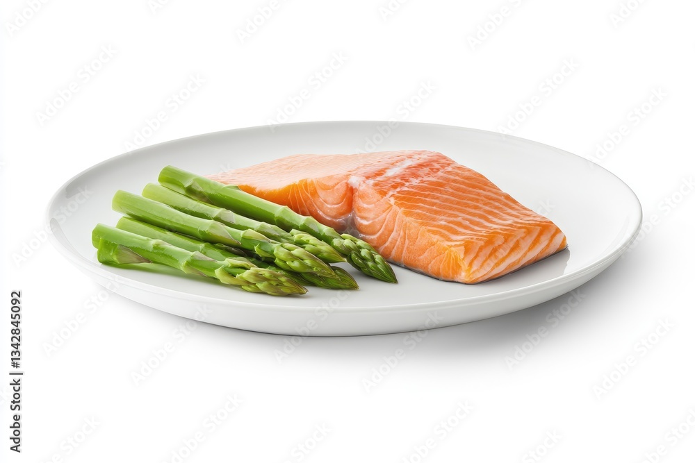 Salmon and Asparagus on White Plate, Studio Shot Salmon and Asparagus on White Plate, Studio Shot