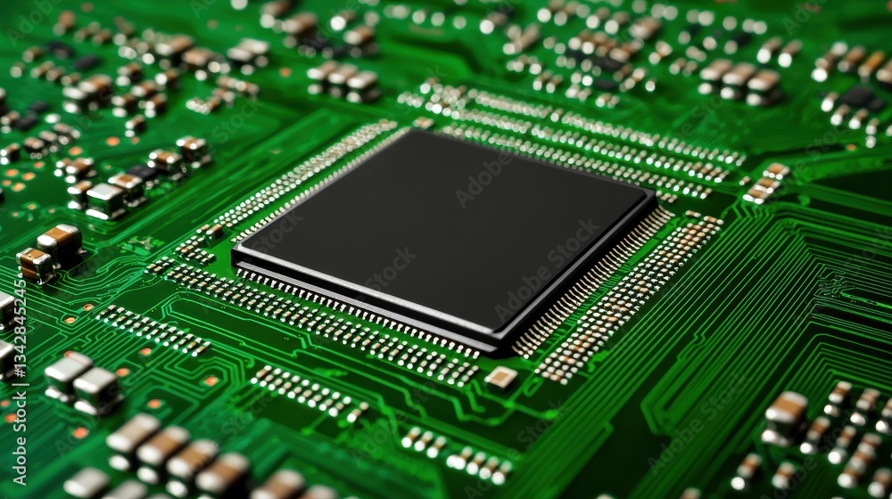 Close-Up View of a Computer Chip on Green Circuit Board Surface Close-Up View of a Computer Chip on Green Circuit Board Surface