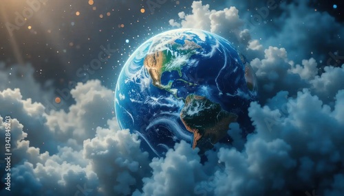 Majestic Earth emerging through ethereal clouds in the vast cosmos panorama