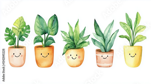 Happy watercolor potted plants with smiling faces on white background

