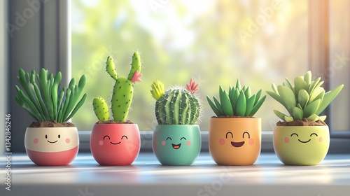 Happy potted plants with smiling faces on window sill in sunlight