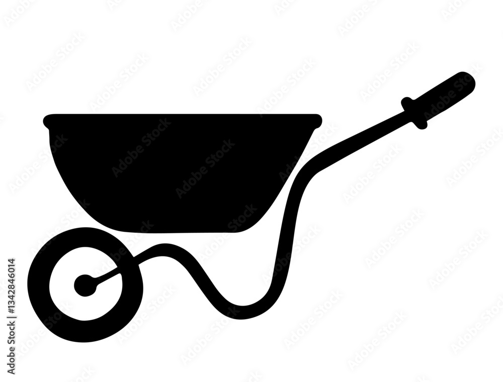 Silhouette of Wheelbarrow for Carrying Earth, Sand, or Hay with One Wheel and Two Handles, Agriculture, Gardening, and Farm Work for Landscape or Yard Projects Silhouette of Wheelbarrow for Carrying Earth, Sand, or Hay with One Wheel and Two Handles, Agriculture, Gardening, and Farm Work for Landscape or Yard Projects