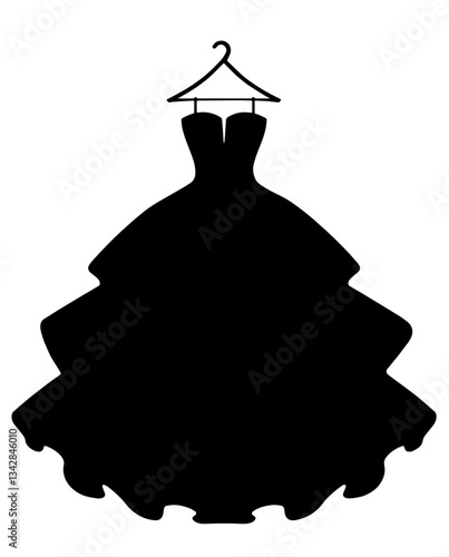Silhouette of Dress on Hanger with Voluminous Multi-Layered Skirt and Strapless Fitted Bodice, Clothing Try-On, Wardrobe Storage, and Hanging Garments for Organization