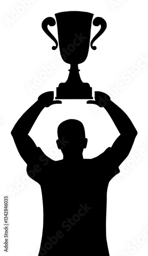 Silhouette of Person Holding Trophy or Cup Above His Head with Two Handles, Victory, Achievement, Award, Celebration of Winning or Success in Sports or Competitions
