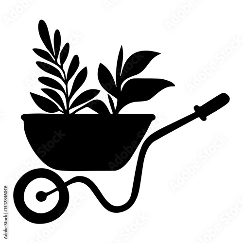 Silhouette of Wheelbarrow with Two Plants Inside, One-Wheeled with Handles, Gardening, Horticulture, and Outdoor Work for Landscaping or Garden Care 