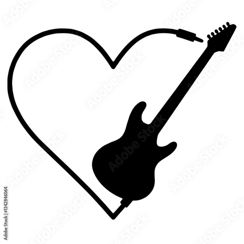 Silhouette of Electric Guitar Inside Heart Shape with Guitar Cable Forming Heart, Connection Between Love for Rock 'n' Roll Music and Passion for Guitar Playing 