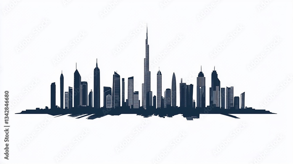 Naklejka premium Modern Dubai skyline silhouette against a clean white background graphic