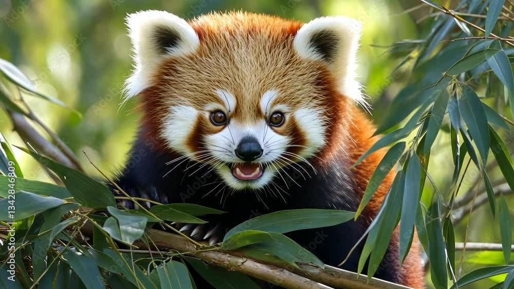 Red panda resting on bamboo branches in a serene forest environment during daylight hours Red panda resting on bamboo branches in a serene forest environment during daylight hours