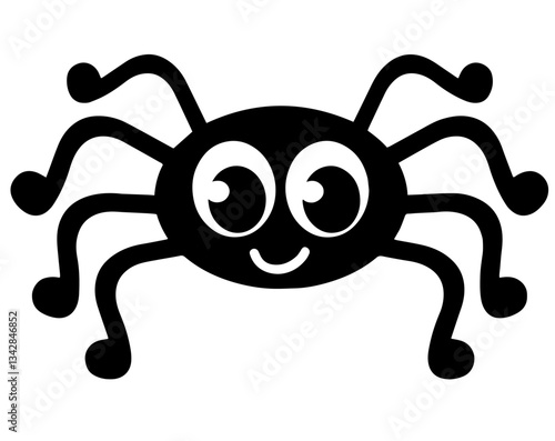 Cartoon Black Spider with Eight Legs and Big Eyes, Halloween Fun and Spooky Decoration with Friendly Smile, Halloween Parties and Holiday Décor for a Playful and Creepy Atmosphere