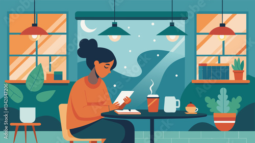 A cozy coffee shop provides the perfect atmosphere for someone to sip their latte and journal creating a sense of calm and focus amidst the busy world outside.. Vector illustration
