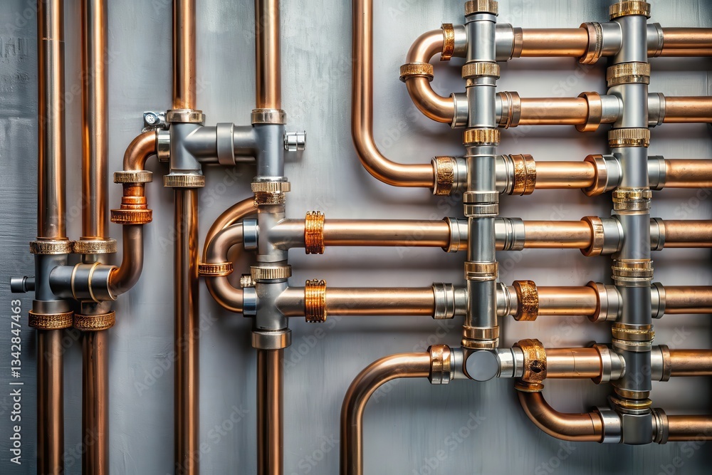 Fototapeta premium Intricate Network of Copper and Steel Pipes A Detailed Close-Up of Plumbing Components and Connections