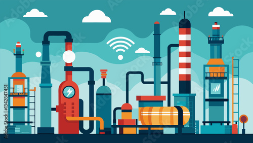 An oil refinery with hundreds of pipes and valves fitted with wireless sensors providing predictive data on corrosion and wear.. Vector illustration