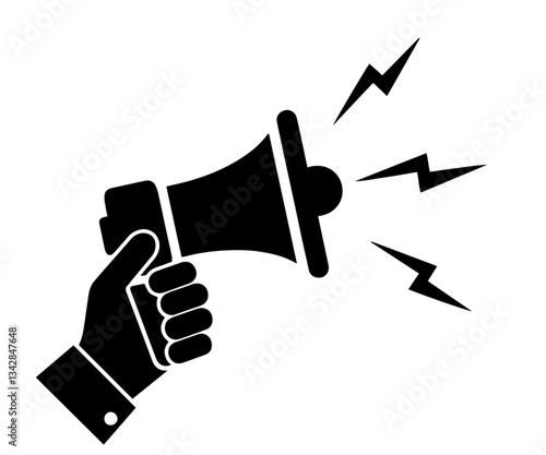 Hand holding a megaphone with three jagged lines (representing sound) coming from it, dissent, citizens’ right to voice disagreement against authorities
