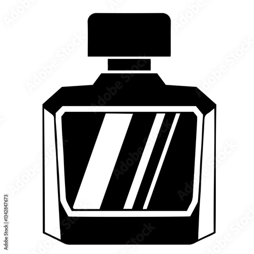 Silhouette of a perfume bottle with a cap, featuring a rectangular shape with rounded edges, glimmer effect with diagonal lines on the front, perfumes, fragrances, toilet water, cologne.