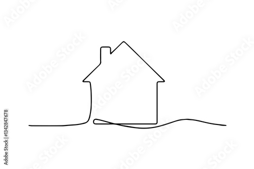 Line drawing of a house with a triangular roof, chimney, and a path leading to it, home ownership and hospitality