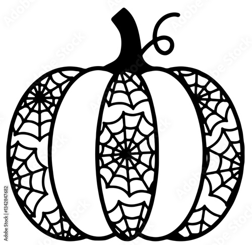 Pumpkin with web-like patterns on its segments and a curved stem,  Halloween and spooky seasonal decorations