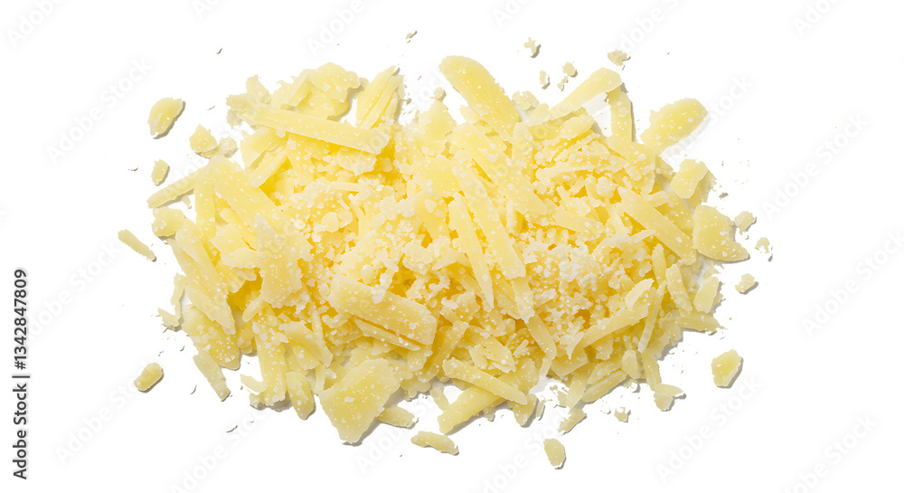 Obraz premium Parmesan cheese grated isolated on white, top view