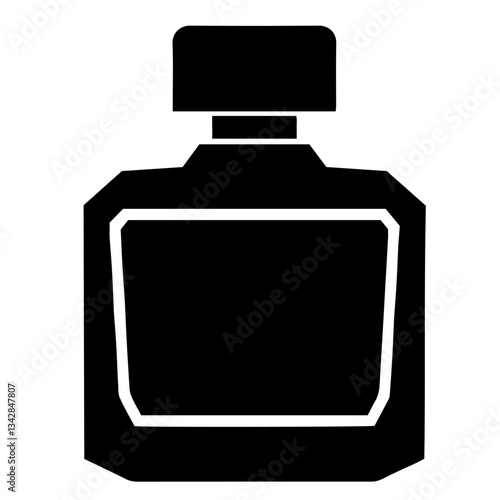 Black silhouette of a perfume bottle with square shape and lid, representing luxury, fragrance, and elegance in the world of perfumery