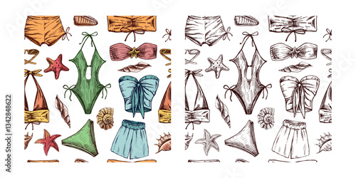 hand drawn colored and monochrome seamless pattern with beachwear and seashells in vintage style