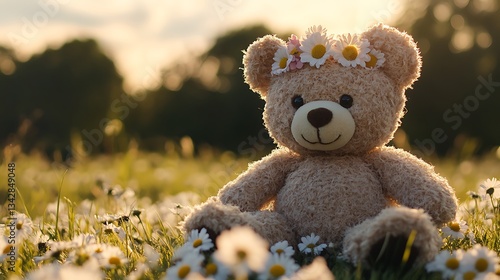 Stuffed teddy bear with a flower crown sitting in field of daisies