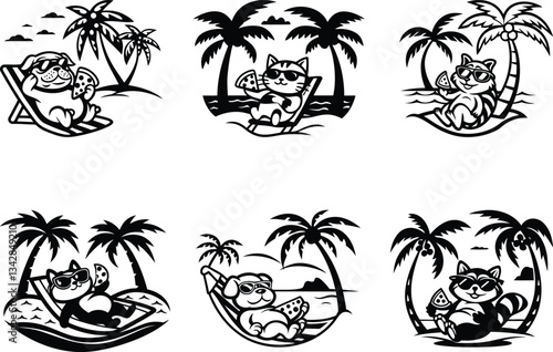 Wallpaper Mural Animals relaxing on a beach premium quality vector illustration set, Animals relaxing on a beach silhouette vector art, Animals relaxing on a beach line art vector Torontodigital.ca