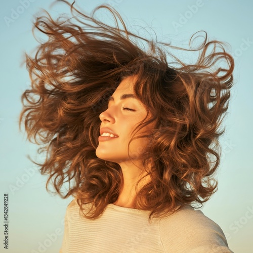 A woman with voluminous curls flips her hair in a joyful manner, basking in the warm colors of the evening sky during sunset, radiating happiness and freedom
