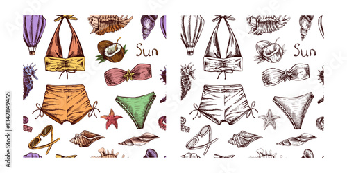 hand drawn colored and monochrome seamless pattern with beachwear, seashells and tropical elements in vintage style
