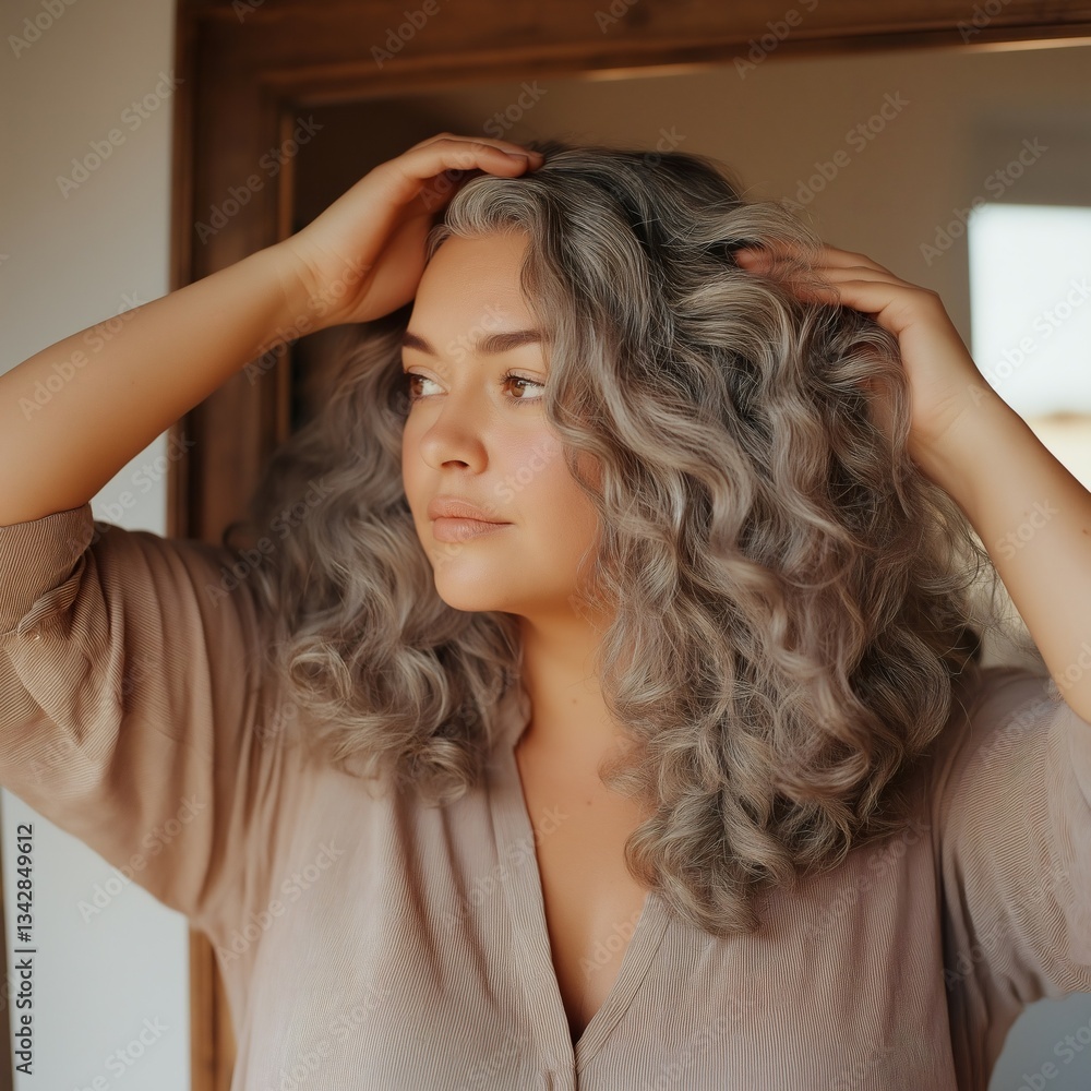 A plus-size woman with beautiful natural gray curls stands softly under warm natural light A plus-size woman with beautiful natural gray curls stands softly under warm natural light