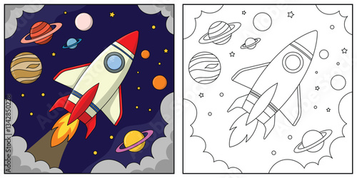 A rocket is flying through the sky with a planet and stars in the background