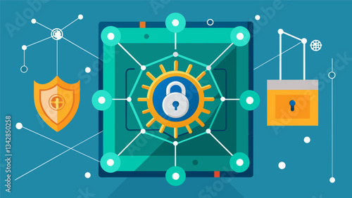 An unbreakable vault protecting an intricate web of digital information.. Vector illustration