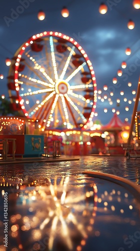 Ferris wheel at night fair reflecting in water, for summer events and backgrounds
