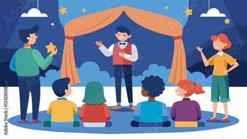 Students gathered around a stage watching a group of actors perform and learning about the world of theater and performing arts.. Vector illustration