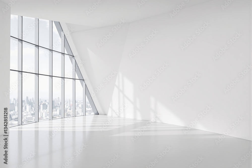 Obraz premium Modern empty interior with large glass windows and white walls.