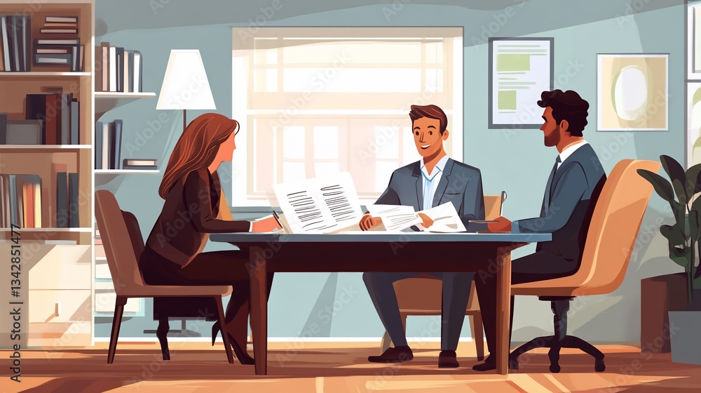 Business Meeting Illustration: Diverse Team Collaborating in Office Setting Business Meeting Illustration: Diverse Team Collaborating in Office Setting