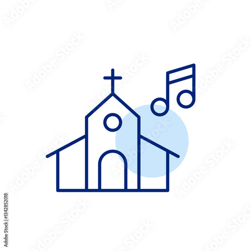Church with cross and musical notes. Choral singing and music in worship services. Religious events. Pixel perfect, editable stroke icon