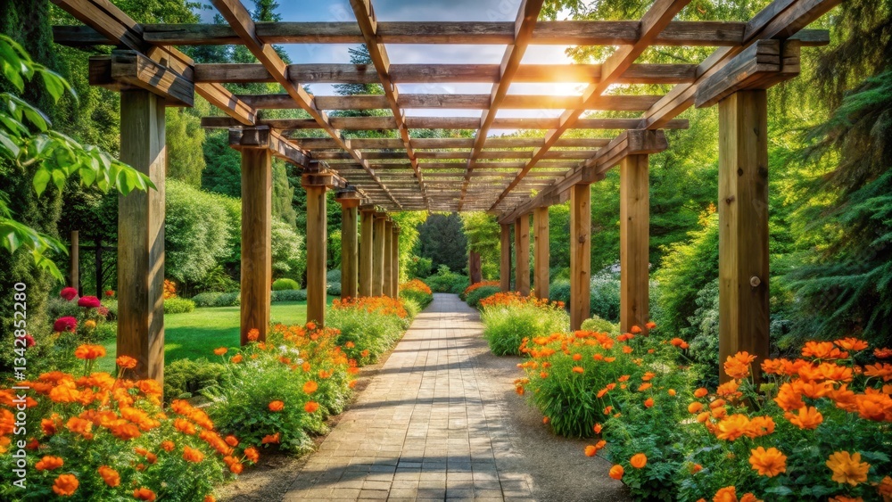 Serene Garden Path Under Wooden Pergola with Vibrant Orange Blossoms Serene Garden Path Under Wooden Pergola with Vibrant Orange Blossoms