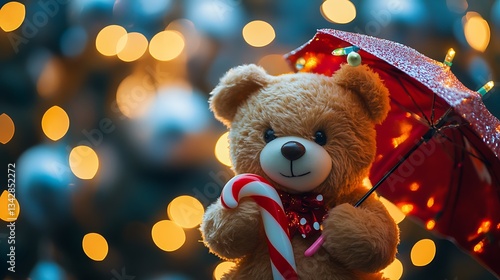 Wallpaper Mural Teddy bear holding candy cane umbrella festive Christmas lights warm glow Torontodigital.ca