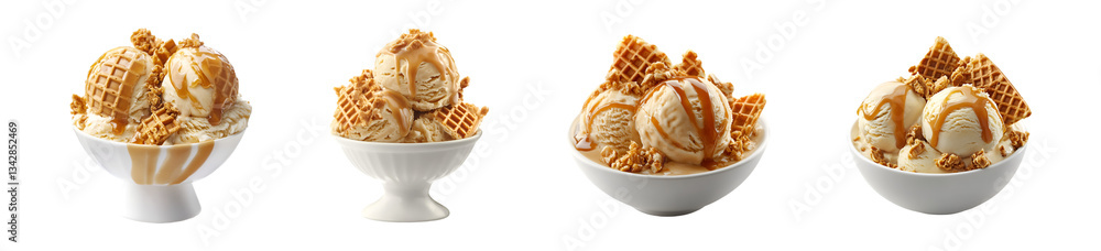 Vanilla ice cream with waffle pieces and caramel drizzle on a transparent background Vanilla ice cream with waffle pieces and caramel drizzle on a transparent background