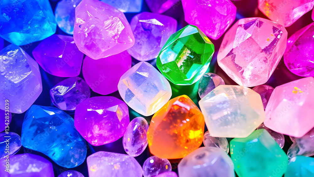 A mesmerizing background featuring a collection of colorful crystal stones in various shapes and sizes A mesmerizing background featuring a collection of colorful crystal stones in various shapes and sizes