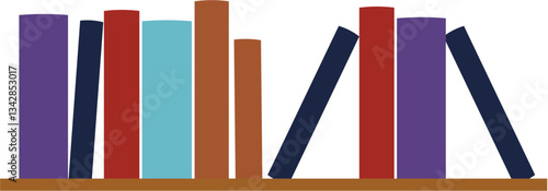 
A minimalist vector illustration of colorful books arranged on a wooden shelf. Perfect for educational, library, and reading-related designs.
