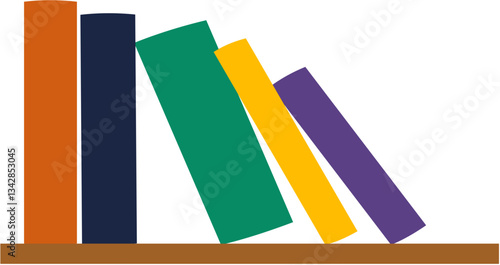 
A minimalist vector illustration of colorful books arranged on a wooden shelf. Perfect for educational, library, and reading-related designs.